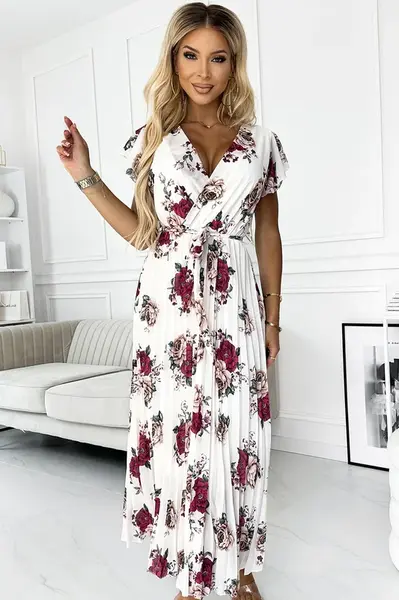 434-8 LISA Pleated midi dress with a neckline and frills - burgundy roses