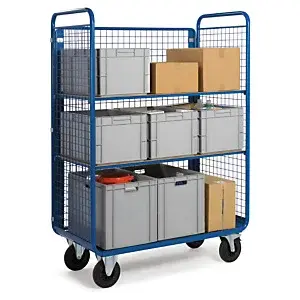 Vysoký vozík s policemi a 2 síťovanými bočnicemi