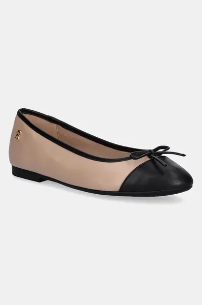 Kožené baleríny Tommy Hilfiger TOE CAP LEATHER BALLERINA béžová barva, FW0FW08759
