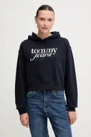 Bavlněná mikina Tommy Jeans dámská, tmavomodrá barva, s kapucí, s potiskem, DW0DW20306