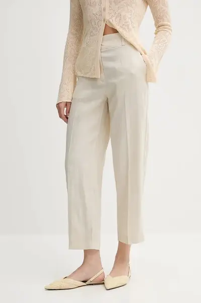 Lněné kalhoty United Colors of Benetton dámské, béžová barva, high waist, 4AGHDF06R