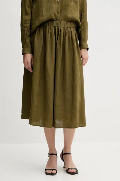 Lněná sukně Sisley zelená barva, midi, áčková, 4AGHL002T