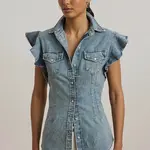 Džínová košile Lauren Ralph Lauren dámská, modrá barva, slim, s klasickým límcem, 200963923