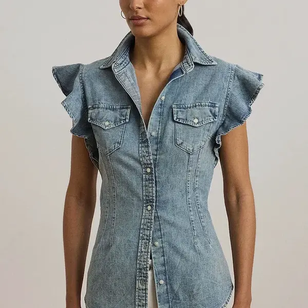 Džínová košile Lauren Ralph Lauren dámská, modrá barva, slim, s klasickým límcem, 200963923