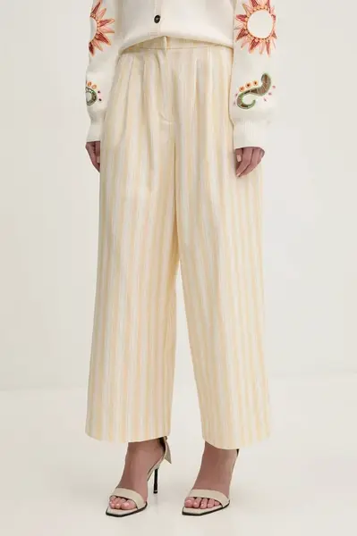 Kalhoty Never Fully Dressed dámské, žlutá barva, široké, high waist, NFDTR409