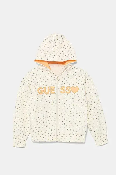 Dětská bavlněná mikina Guess béžová barva, s kapucí, vzorovaná, K5GQ02 KA6R4