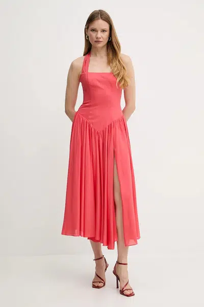 Šaty s příměsí lnu Bardot růžová barva, maxi, 59803DB1