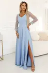 LORETTA Dlhé šaty s tylovými rukávmi - svetlomodré