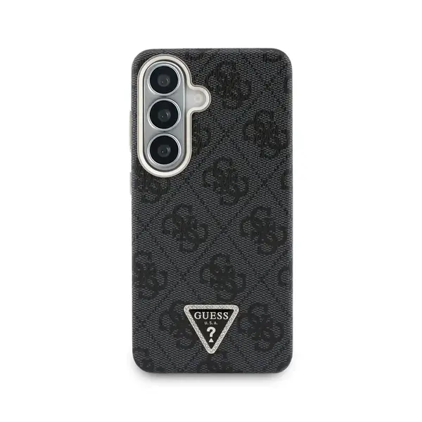 Zadní kryt Guess PU Leather 4G Strass Triangle Logo Gold Frame Magnetic pro Samsung Galaxy S26, černá