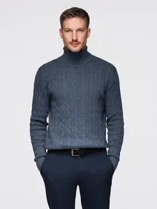 Ombre Men's turtleneck sweater with checkered weave - navy blue