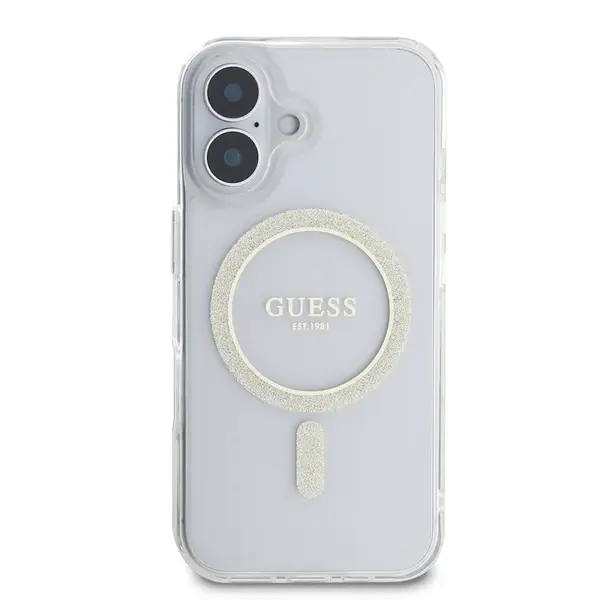 Zadní kryt Guess IML Glitter Ring MagSafe pro Apple iPhone 16 Plus, transparentní