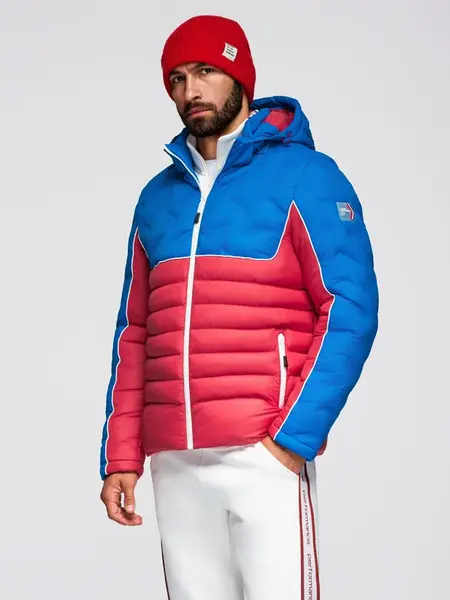 Ombre Men's quilted jacket with detachable hood - blue and red