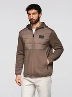 Ombre Men's lightweight jacket of combined materials with hood and decorative quilting - light brown