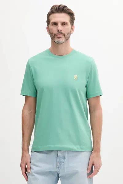 Bavlněné tričko Tommy Hilfiger zelená barva, s aplikací, MW0MW39256