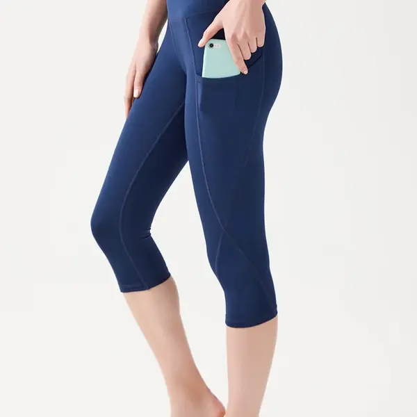 LOS OJOS Dámské námořnická modrá Vysoký pas Komprese Dvojitá Kapsa Nad koleny Capri Legíny Capri