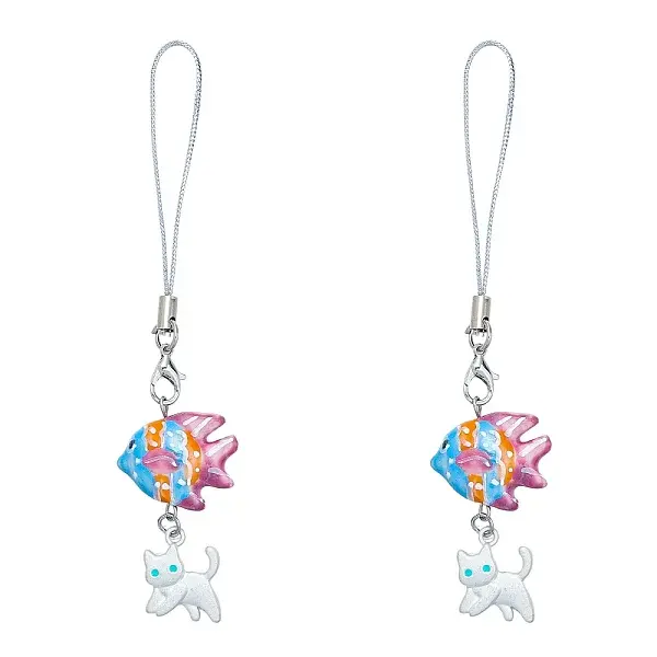 2Pcs Alloy Enamel & Handmade Porcelain Fish Cat Shape Mobile Straps