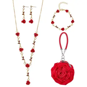 Rose Alloy Dangle Stud Earrings & Link Chain Bracelet & Pendant Necklace Sets