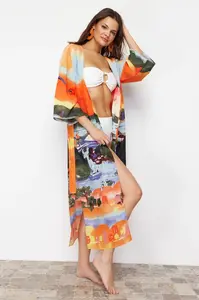 Trendyol Landscape Patterned Belted Maxi Woven Beach Kimono&Caftan