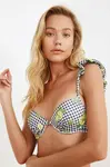 Trendyol Black Ruffle Floral Plaid Bikini Top