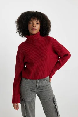 DEFACTO Oversize Wide Pattern Red Turtleneck Knitwear Sweater