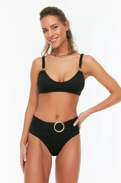 Trendyol Black High Waist Bikini Bottoms With Accessory Details