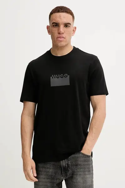 Bavlněné tričko HUGO pánské, černá barva, s potiskem, 50546867