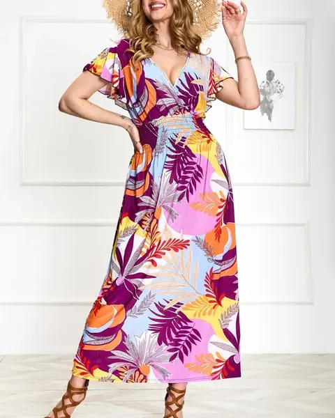 Resti Purple women's long dress with floral print - Clothing