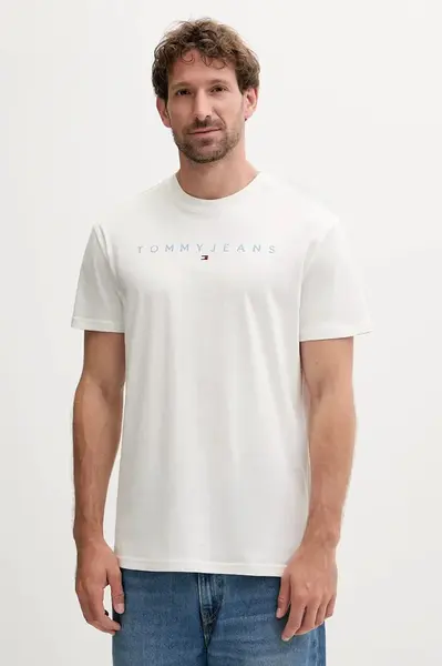 Bavlněné tričko Tommy Jeans pánské, béžová barva, s aplikací, DM0DM20744