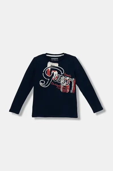 Dětské bavlněné tričko s dlouhým rukávem Guess tmavomodrá barva, s potiskem, L5BI03 I3Z14