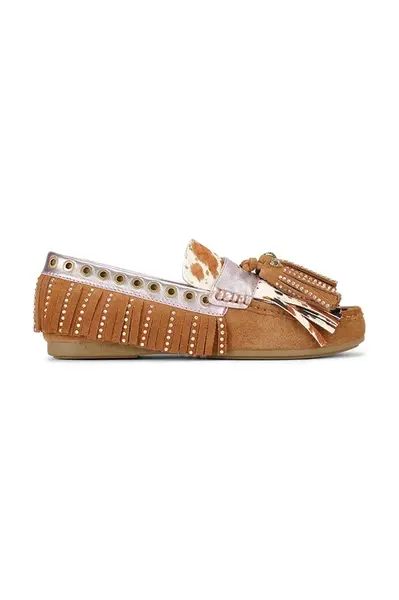 Semišové mokasíny Kurt Geiger London Tassel Fringe Moccasin dámské, hnědá barva, na plochém podpatku, 3494336219