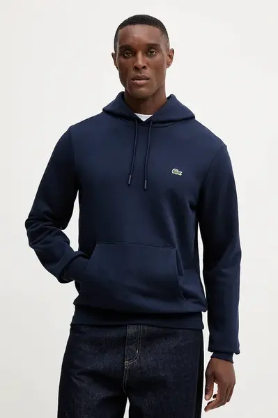 Bavlněná mikina Lacoste pánská, tmavomodrá barva, s kapucí, hladká, SH9839