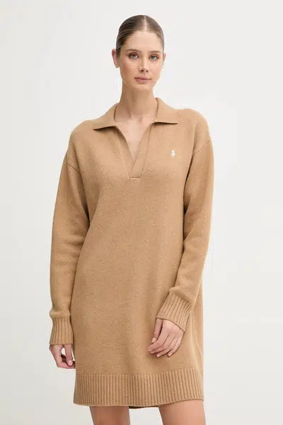Vlněné šaty Polo Ralph Lauren béžová barva, mini, oversize, 211A91143