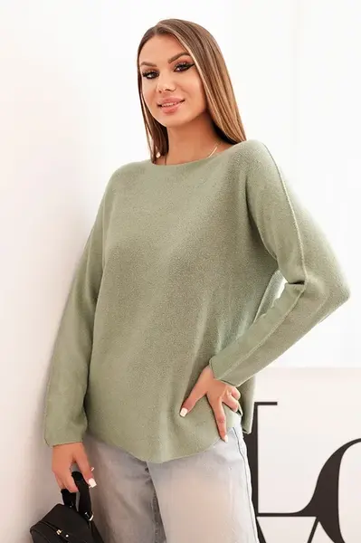 Kesi Włoski Svetr dámský z viskózy s dlouhým rukávem a kulatým výstřihem jasný khaki