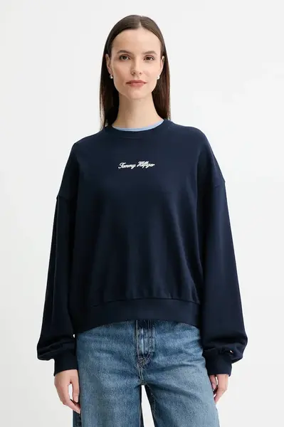 Bavlněná mikina Tommy Hilfiger dámská, tmavomodrá barva, hladká, WW0WW48269