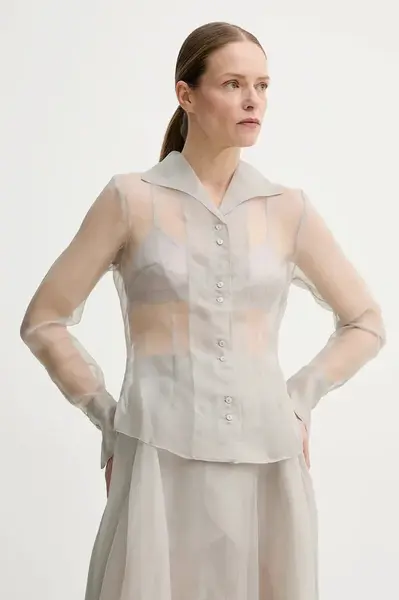 Hodvábna košeľa Remain dámska, šedá farba, regular, s klasickým golierom, 5026062300