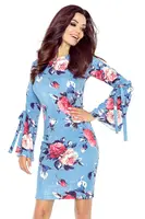 Šaty s rozšířenými rukávy se zavazováním Bergamo - velké červené růže na denimu