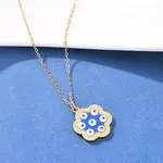 304 Stainless Steel Enamel Blue Evil Eye Flower Pendant Necklaces for Women