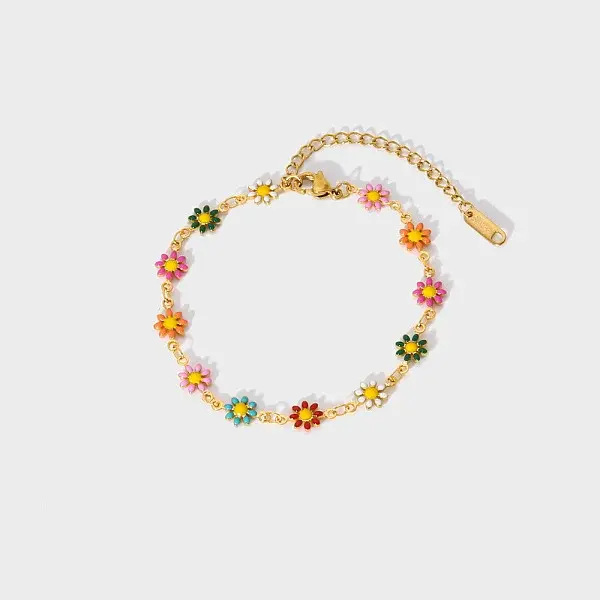 Fashionable 304 Stainless Steel Enamel Daisy Link Bracelet for Women