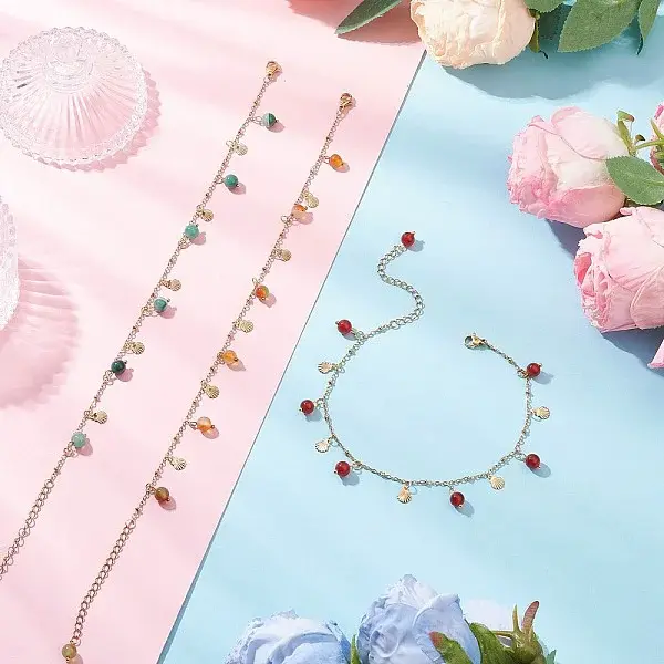 3Pcs 3 Colors Dyed Natural Banded Agate Round & 304 Stainless Steel Shell Shape Tassel Anklets for Women