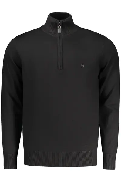 Pánsky čierny sveter s polovičným zipsom