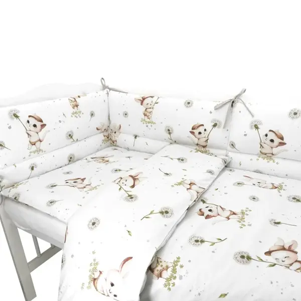 Miminu Mantinel s povlečením do postýlky, 3D sada Bavlna, Kocourek a pampeliška - bílá