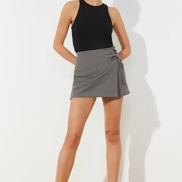 Trendyol Anthracite Eyelet Detailed Woven Shorts Skirt