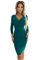 387-7 Fitted dress with an envelope neckline and long sleeves - green with glitter
