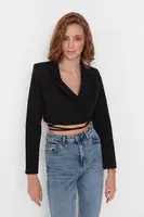 Trendyol Black Crop Woven Lined Double Breasted Closure Blazer Jacket
