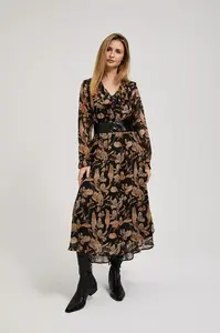 Marisse Black Dress With A Flared Bottom And A Floral Print