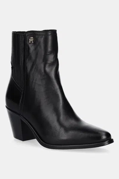 Kožené kotníkové boty Tommy Hilfiger WESTERN MID HEEL LEATHER CHELSEA dámské, černá barva, na podpatku, FW0FW08890