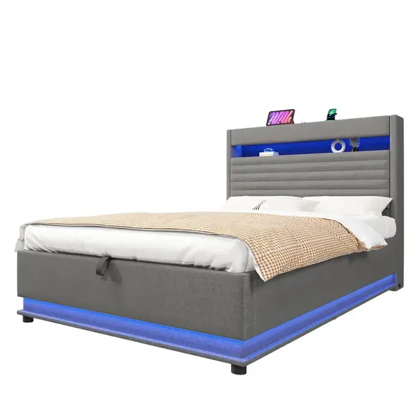 FLIEKS ČALOUNĚNÁ POSTEL 140x200cm Úložná LED USB-C Len Šedá