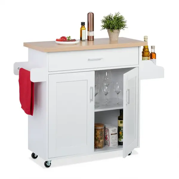 Relaxdays VOZÍK Bílý kuchyňský na kolečkách s pracovní deskou
