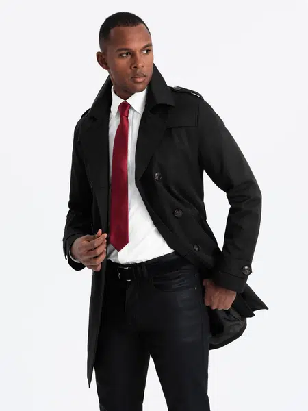 Ombre Elegant SLIM FIT men's trench coat with belt - black