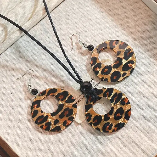 Leopard Print Pattern Round Acrylic Pendant Necklaces and Dangle Earrings Sets